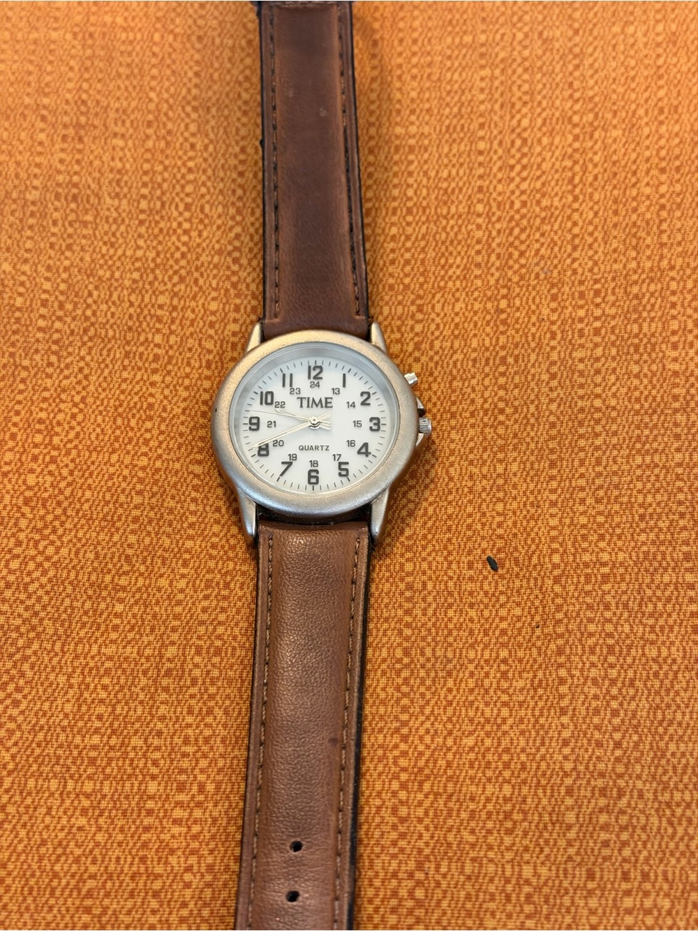 Time Brown Leather Strap Watch with White Dial